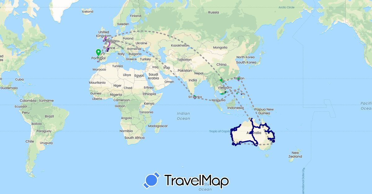 TravelMap itinerary: driving, bus, plane, train, boat, motorbike in Australia, France, United Kingdom, Sri Lanka, Malaysia, Philippines, Portugal, Slovenia, Taiwan, Vietnam (Asia, Europe, Oceania)