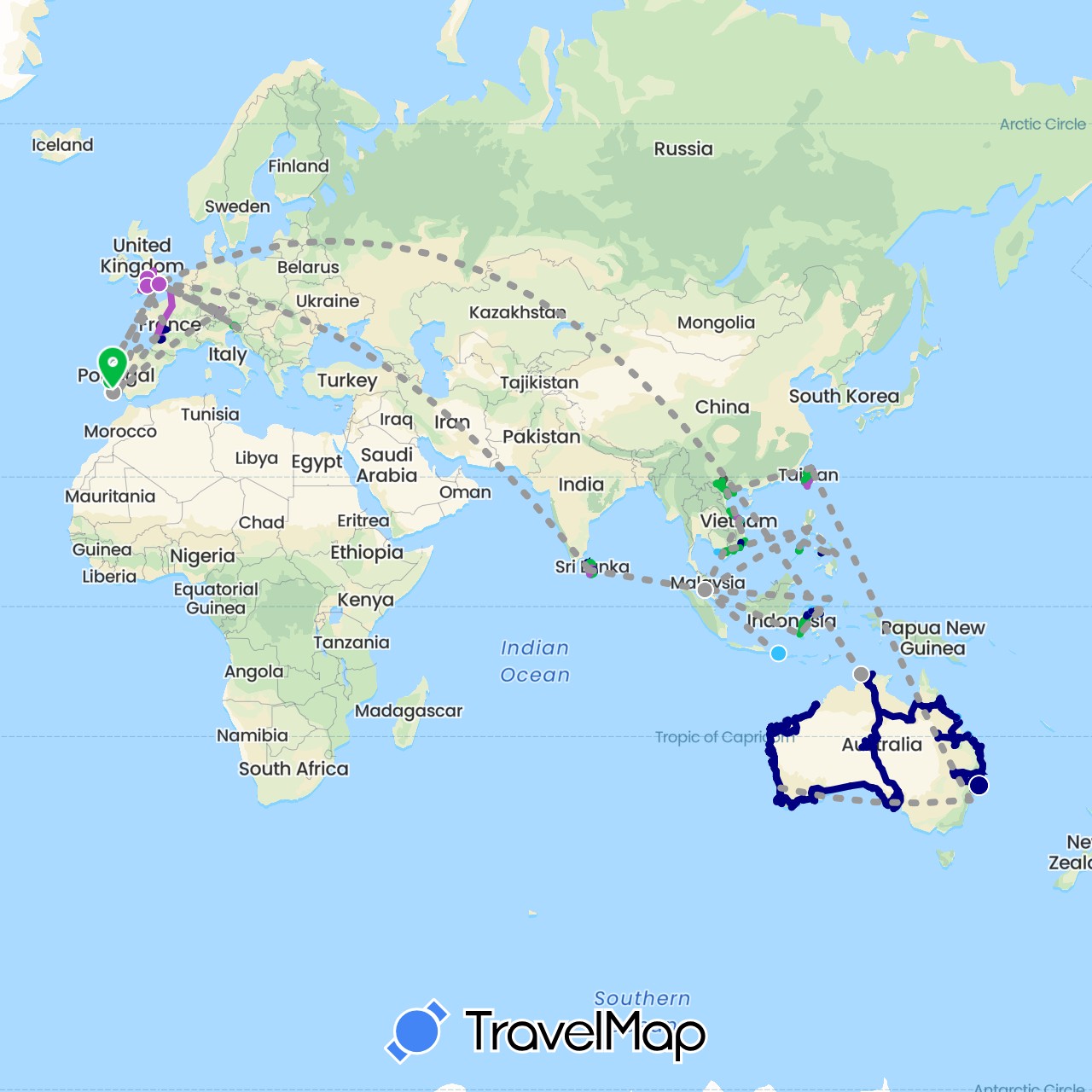 TravelMap itinerary: driving, bus, plane, train, hiking, boat, motorbike in Australia, Germany, France, United Kingdom, Indonesia, Sri Lanka, Malaysia, Philippines, Portugal, Slovenia, Taiwan, Vietnam (Asia, Europe, Oceania)